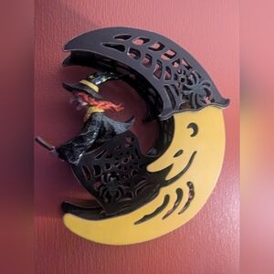 Mystical Witch on Crescent Moon Wall Art - Black and Yellow